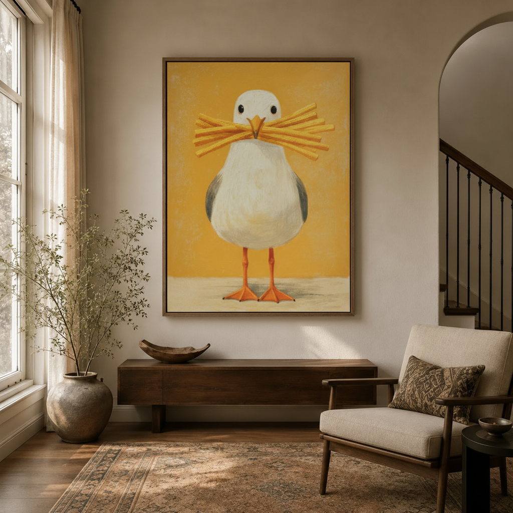 Funny seagull canvas wall art with french fries displayed in a bright modern entryway