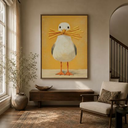 Funny seagull canvas wall art with french fries displayed in a bright modern entryway