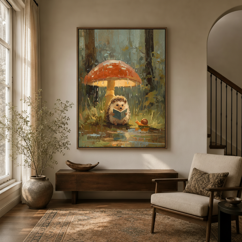 Hedgehog reading under mushroom canvas in walnut float frame displayed in bright modern entryway