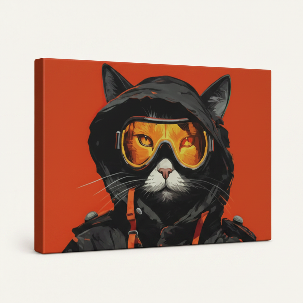 Gallery-wrapped tactical cat canvas showing wrap depth and red background detail