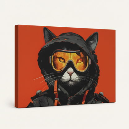 Gallery-wrapped tactical cat canvas showing wrap depth and red background detail