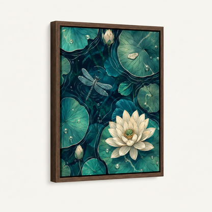 Lotus pond dragonfly art canvas in dark walnut float frame product mockup on white background