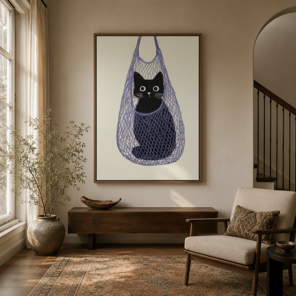 Black cat illustration canvas in walnut frame displayed in bright entryway with arched doorway