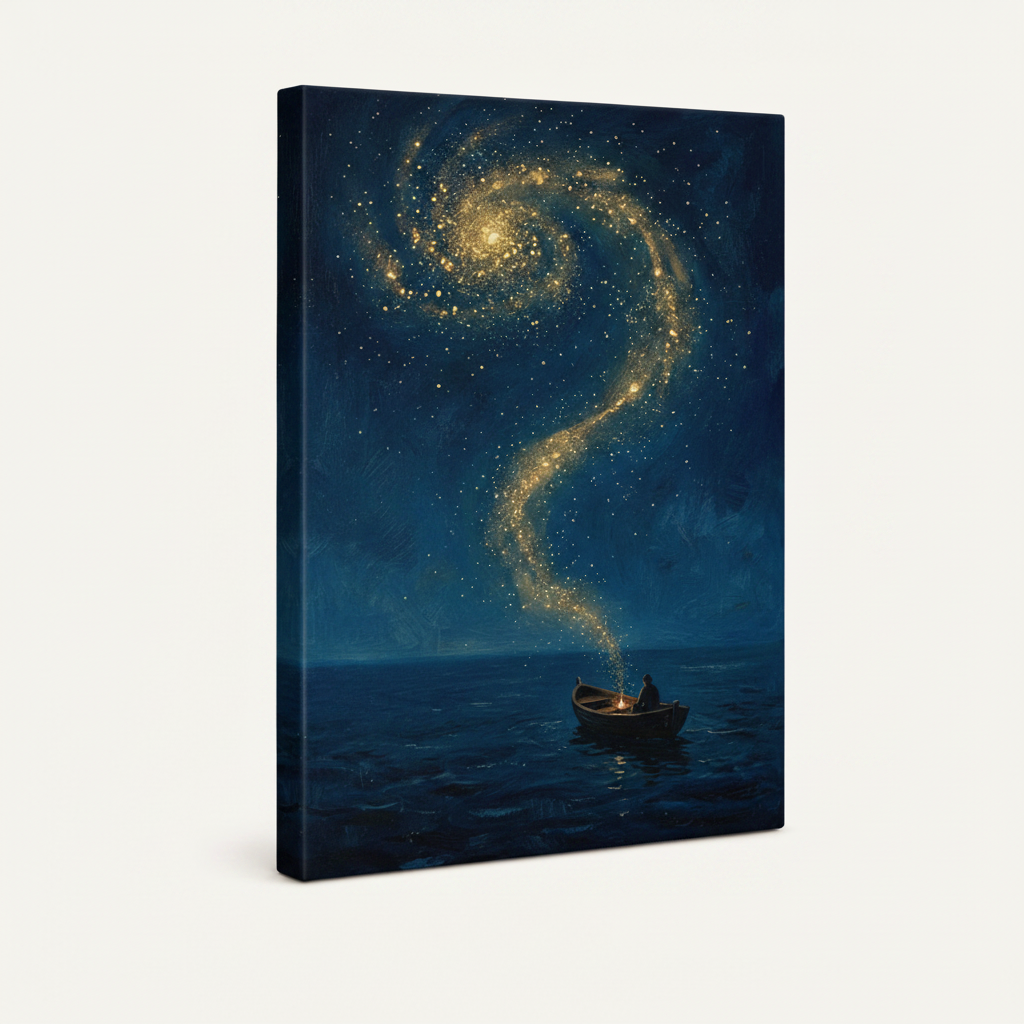 Gallery-wrapped starry night canvas wall art, unframed 3/4 angle view showing thick canvas sides on white background