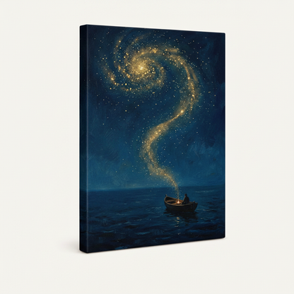 Gallery-wrapped starry night canvas wall art, unframed 3/4 angle view showing thick canvas sides on white background