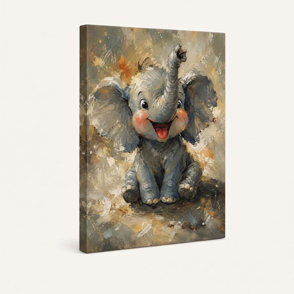 Gallery-wrapped baby elephant canvas displayed at a 3/4 angle showing thick textured brushstroke detail