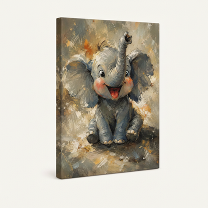 Gallery-wrapped baby elephant canvas displayed at a 3/4 angle showing thick textured brushstroke detail