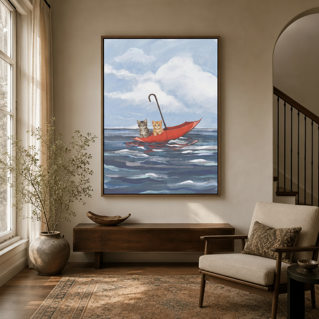 Two kittens umbrella canvas in walnut float frame displayed in entryway above console table