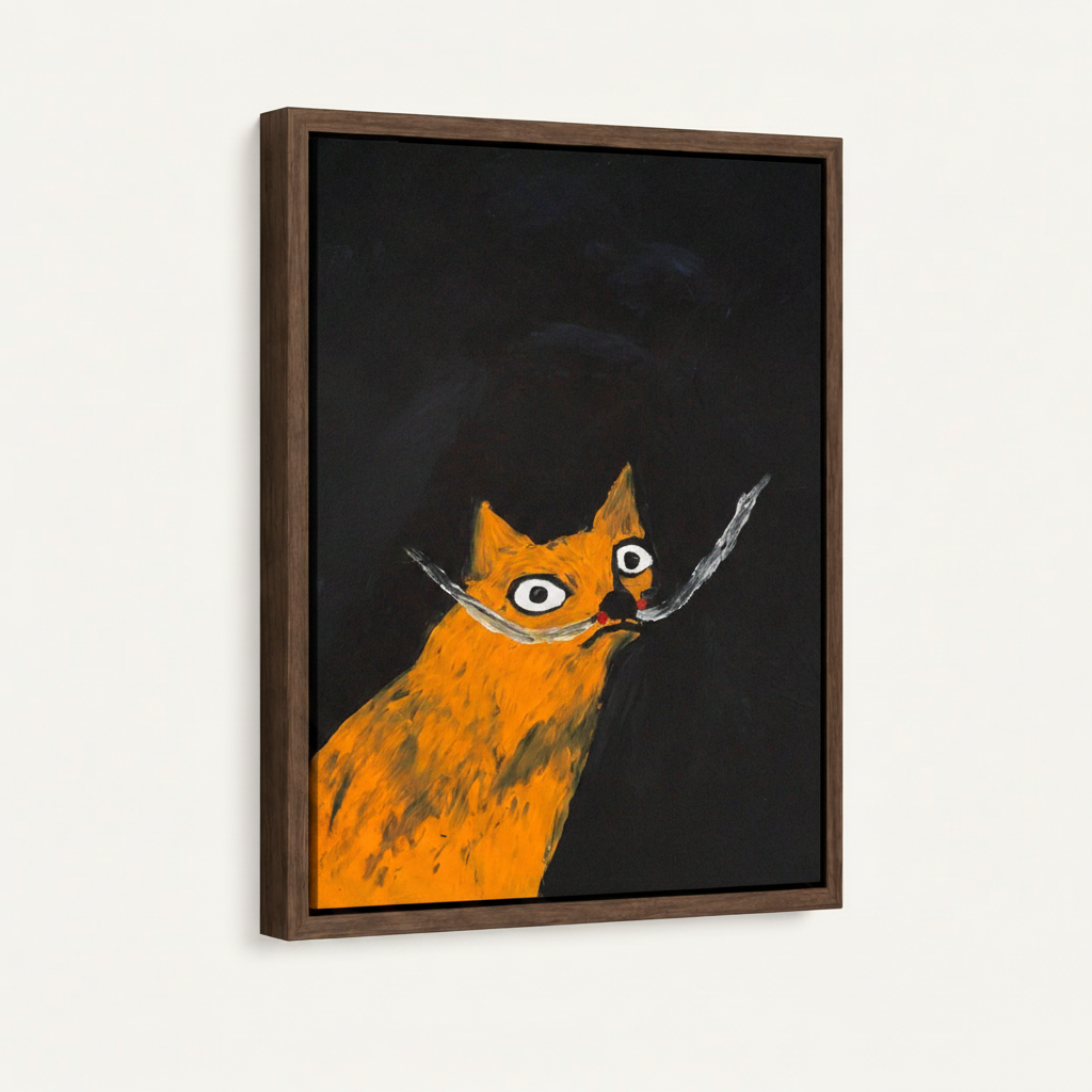 Quirky orange cat expressionist print in dark walnut float frame on white background