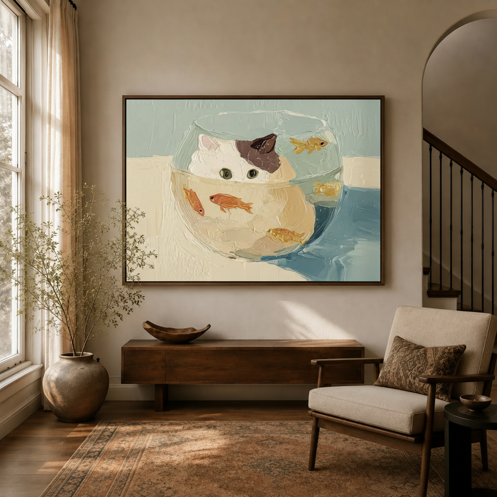 Framed funny cat fishbowl impressionist canvas wall art in bright entryway with staircase and armchair