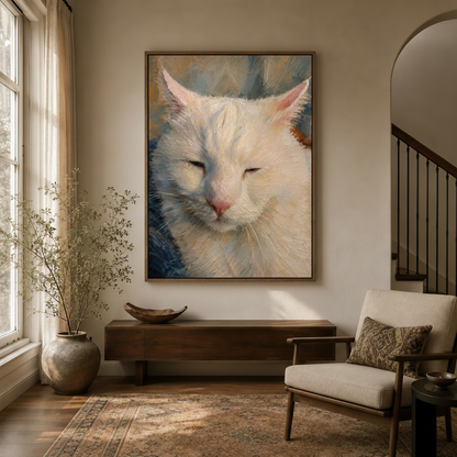 White cat serene portrait impressionist canvas in walnut frame displayed in bright entryway above console