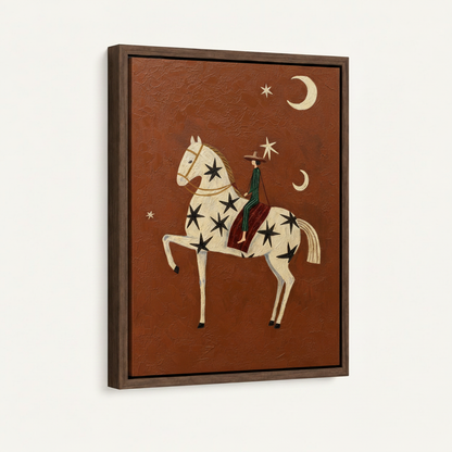 Framed folk art horse and rider canvas print, rustic western wall art product shot