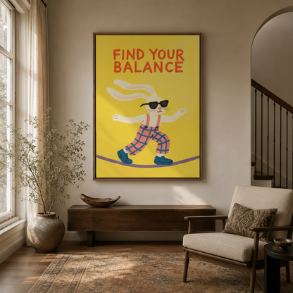 Cool bunny tightrope yellow pop art canvas in float frame above dark walnut entryway credenza, bold vivid tones