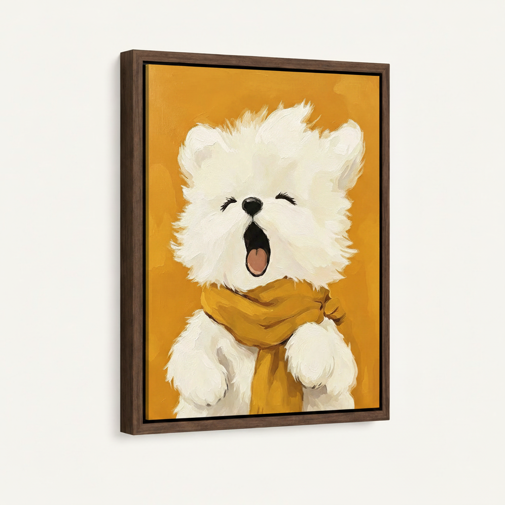Framed bear canvas wall art with dark walnut float frame on light background