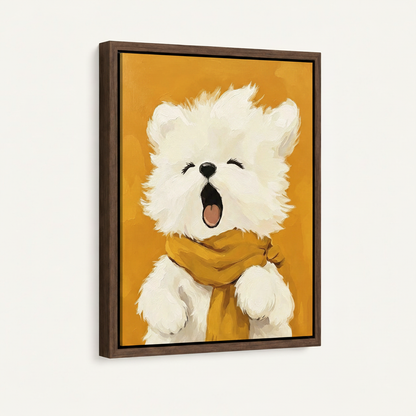 Framed bear canvas wall art with dark walnut float frame on light background