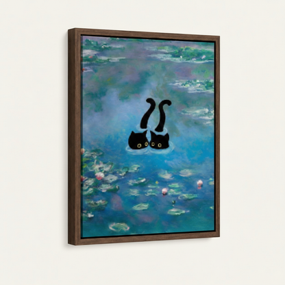  Monet water lily cat canvas in dark walnut float frame, hanging wall view showing frame depth and shadow