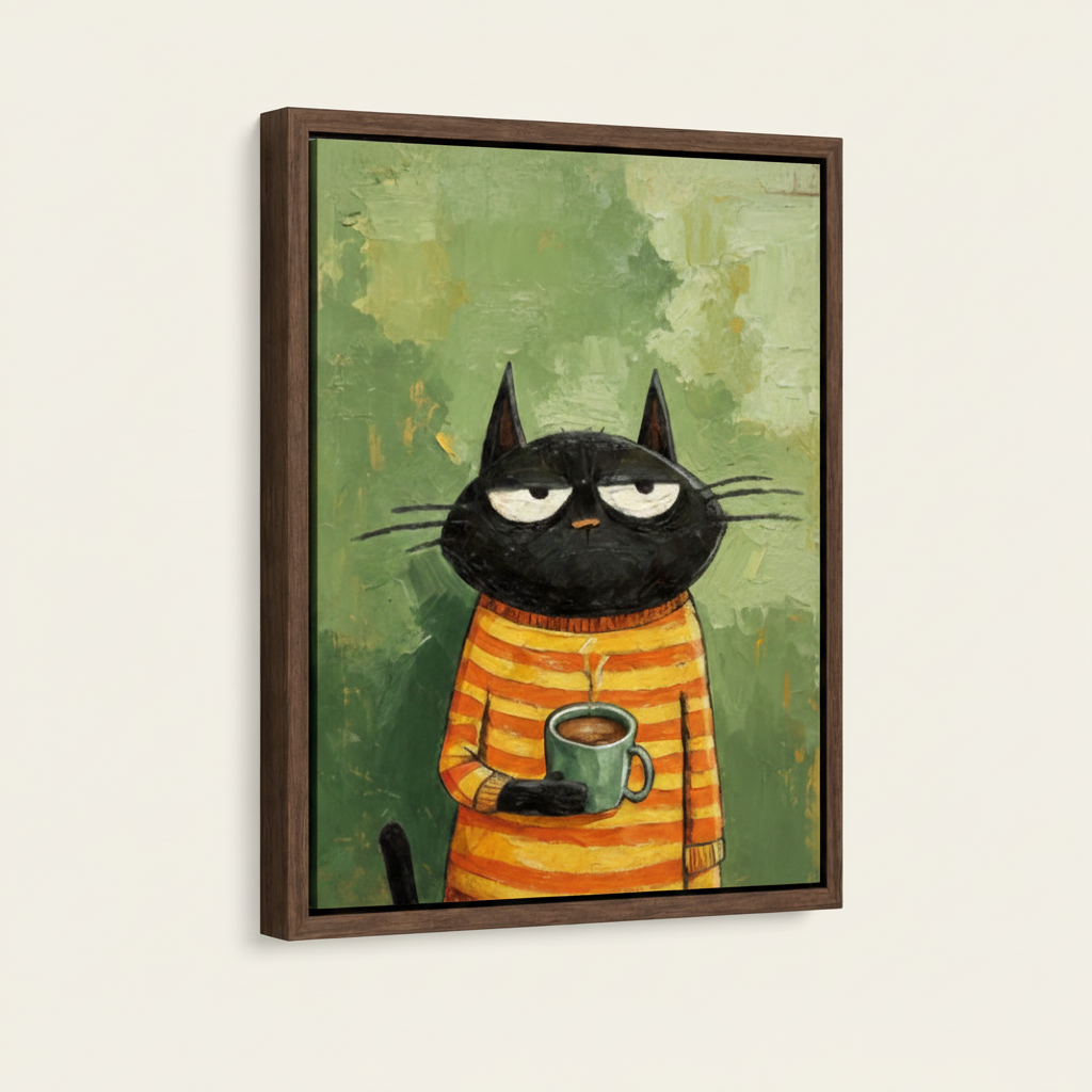 Grumpy cat coffee canvas in walnut float frame shown at an angle against clean white background