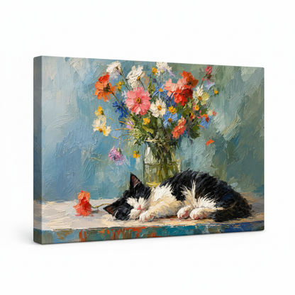 Gallery-wrapped floral cat canvas shown from an angled product view