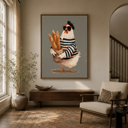 Whimsical chicken in sunglasses and beret illustration canvas displayed in bright entryway foyer with arched doorway