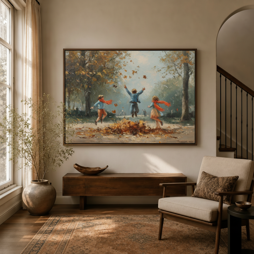 Framed children jumping fall leaves park scene impressionist canvas wall art in bright entryway with staircase and armchair