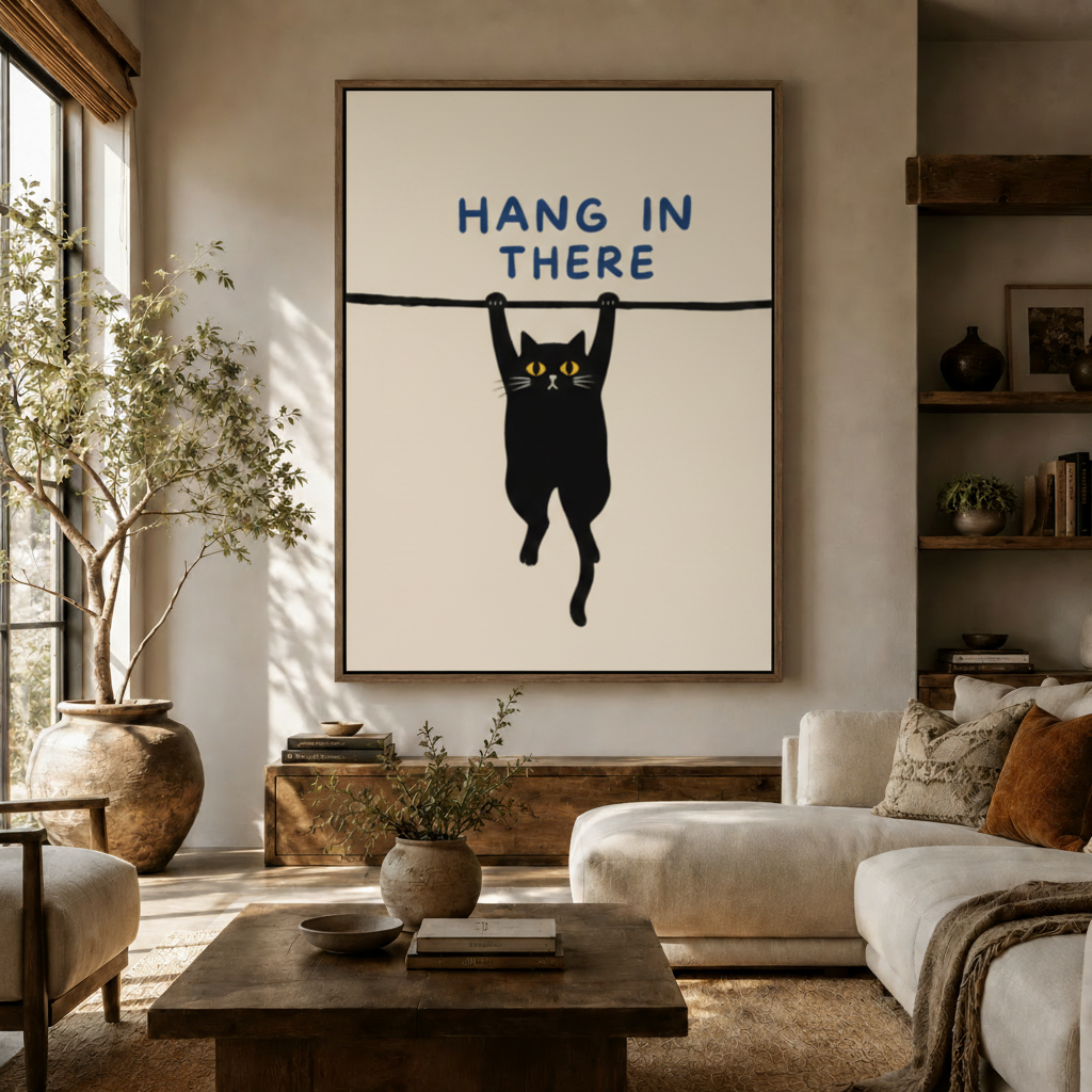 Hang In There cat canvas print displayed in a warm minimalist living room above a wooden console