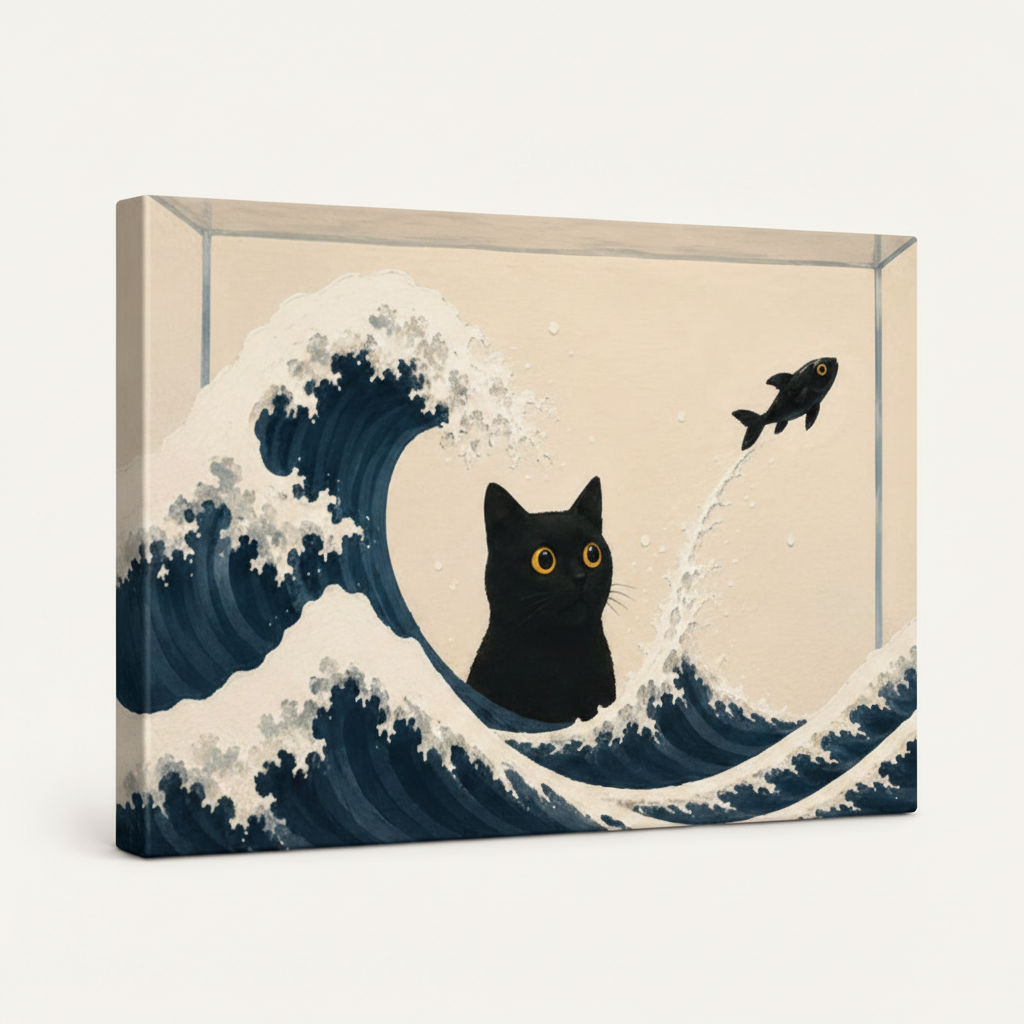 Gallery-wrapped canvas of whimsical Japanese-inspired black cat wave artwork, cream background, side angle product view on white
