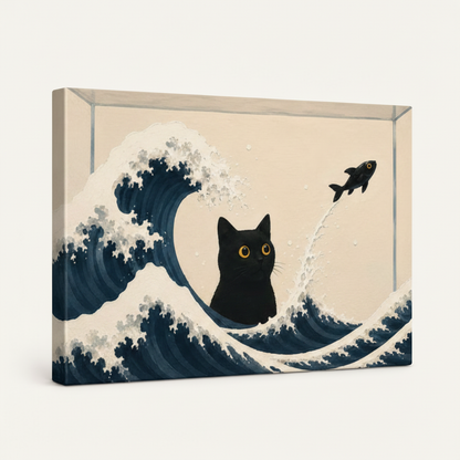 Gallery-wrapped canvas of whimsical Japanese-inspired black cat wave artwork, cream background, side angle product view on white