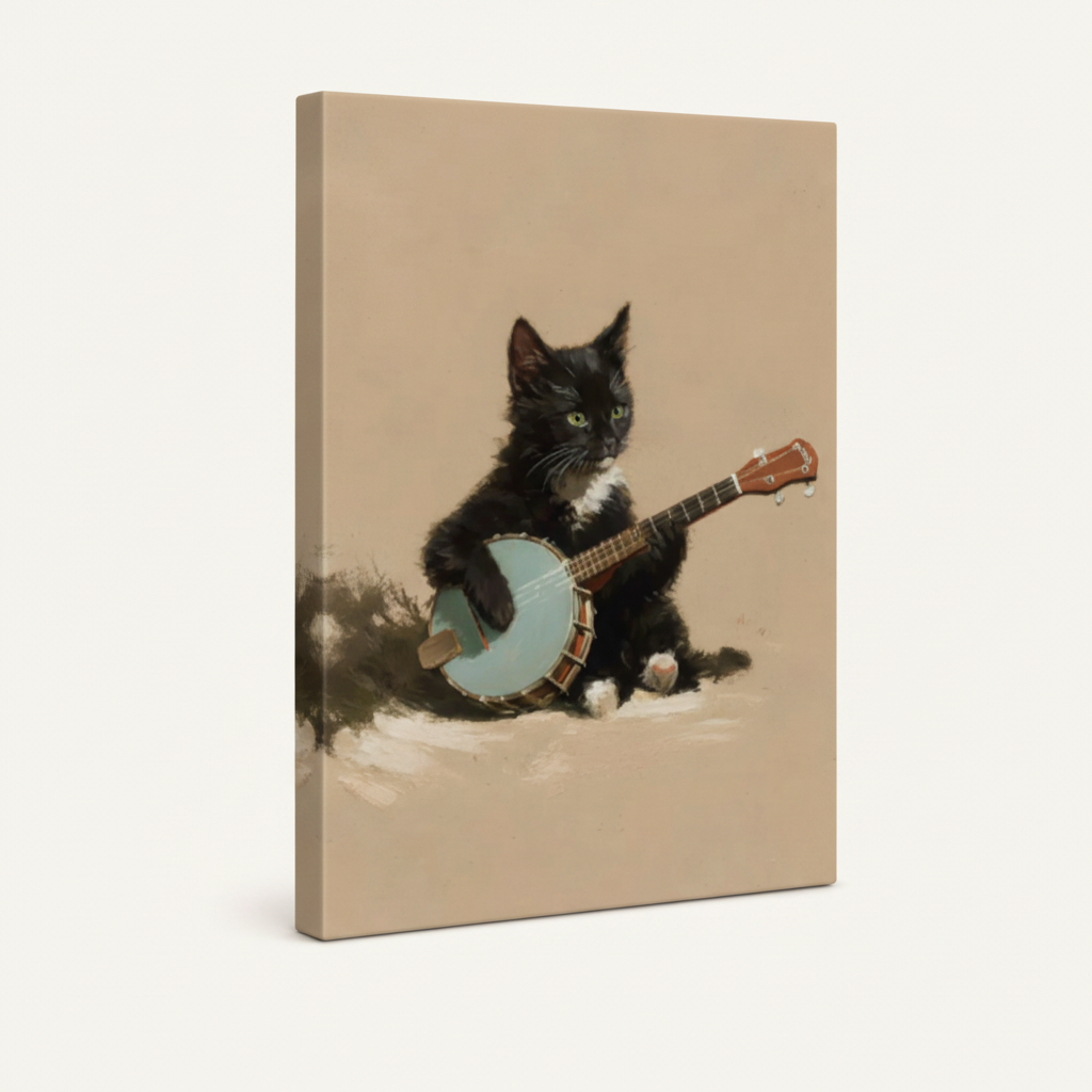 Gallery-wrapped canvas side view of whimsical banjo-playing cat impasto painting with beige background wrap