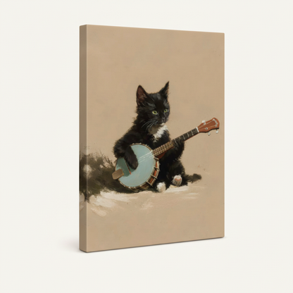 Gallery-wrapped canvas side view of whimsical banjo-playing cat impasto painting with beige background wrap