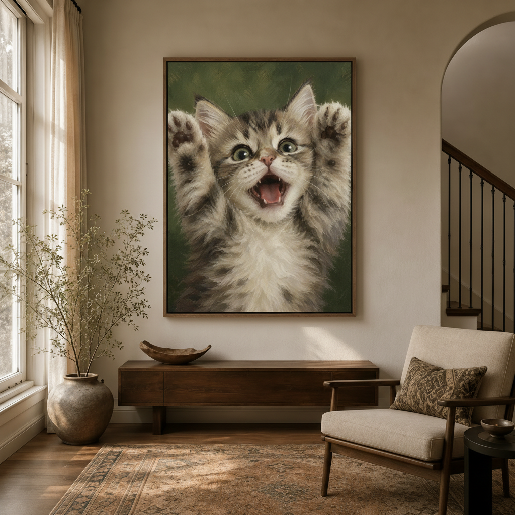Kitten art print in walnut frame displayed in cozy entryway foyer