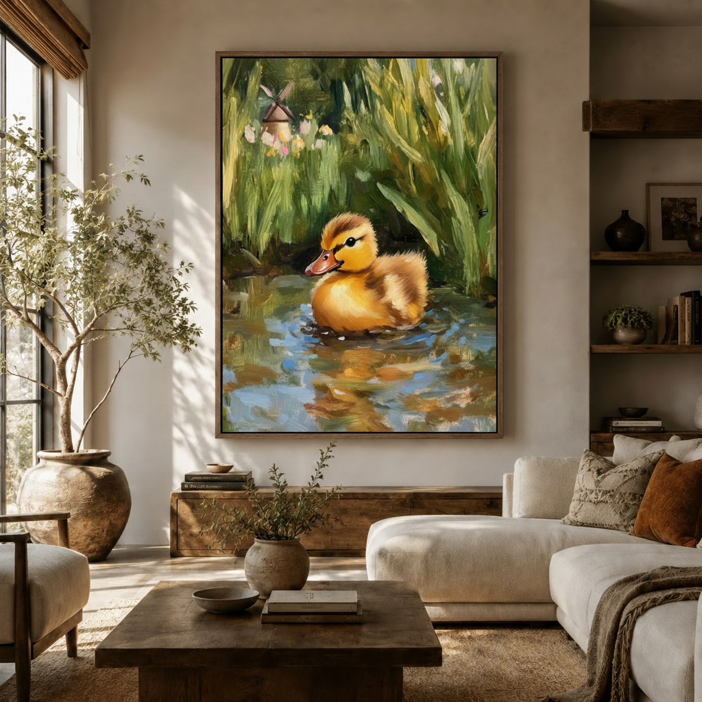 Duckling pond impressionist canvas wall art above sideboard in bright modern living room with olive tree and white sofa