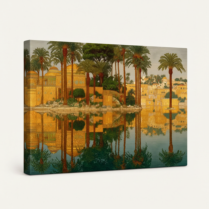 Gallery-wrapped canvas art with golden palace scene on white background showing wrap edges