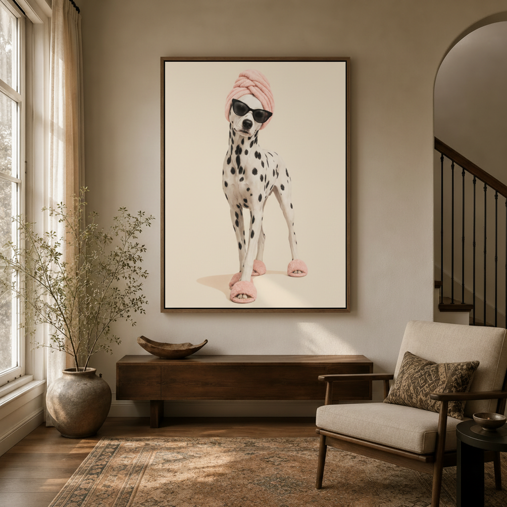 Fashion Dalmatian dog wall art displayed in bright entryway above console table