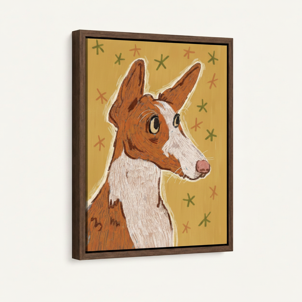 Brown white Ibizan Hound dog portrait folk art crayon canvas print in dark walnut floating frame on white background