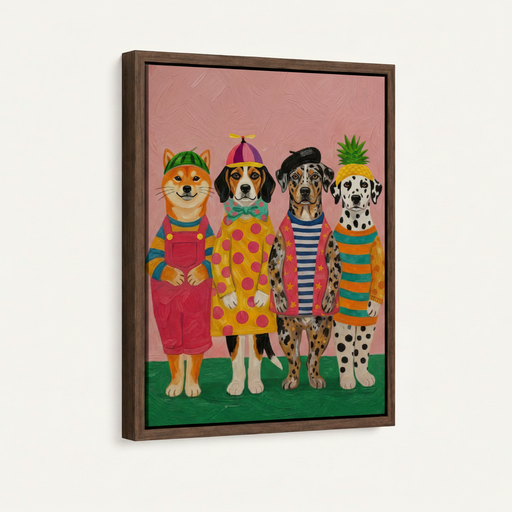 Framed funny dogs pop art canvas print in dark walnut float frame, front-facing product display