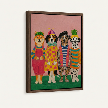 Framed funny dogs pop art canvas print in dark walnut float frame, front-facing product display