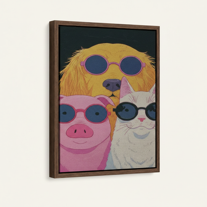 Retro anime animal art in dark walnut float frame displayed on white background