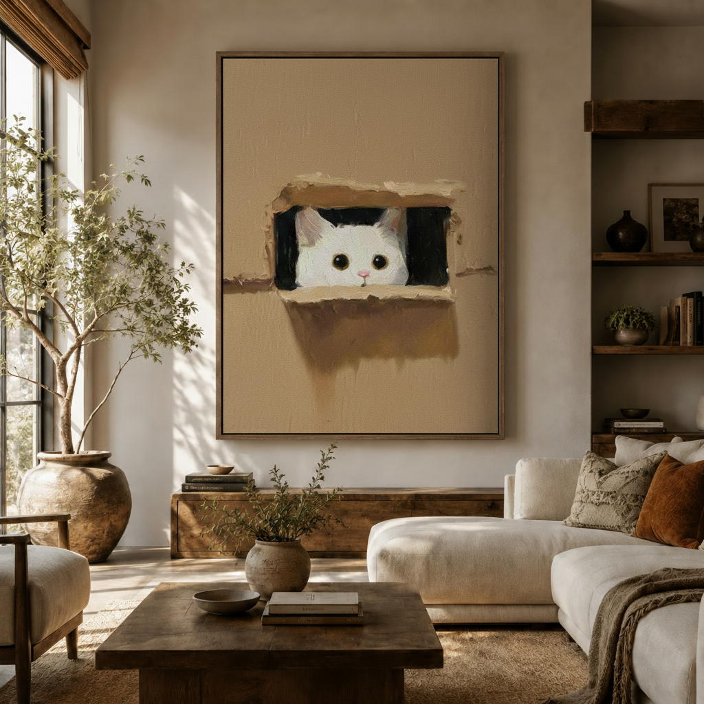 Framed cat canvas art print hanging in modern living room with olive tree and neutral decor