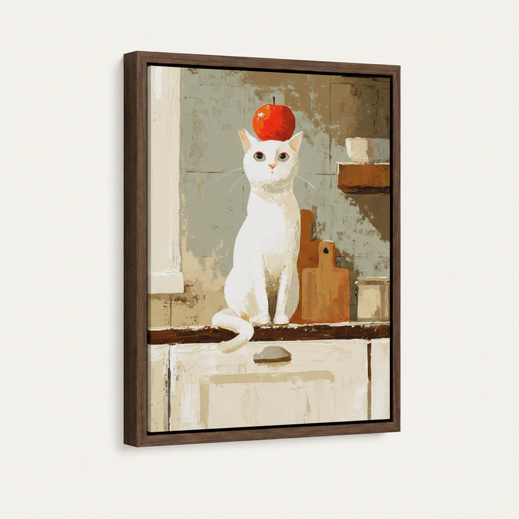 Framed white cat red apple impressionist canvas art front view product shot