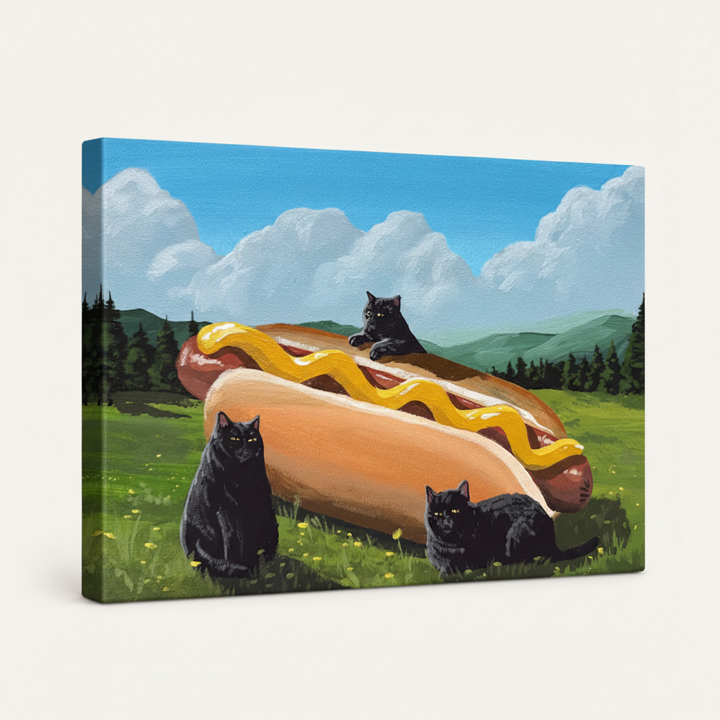 Gallery-wrapped whimsical cat and hot dog canvas viewed from an angled product perspective