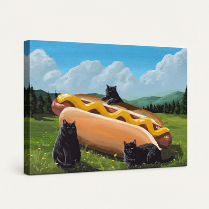 Gallery-wrapped whimsical cat and hot dog canvas viewed from an angled product perspective