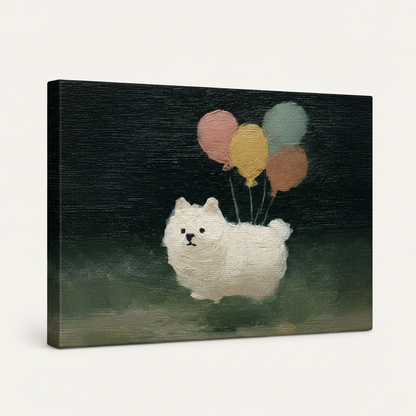 Gallery-wrapped canvas side view of white fluffy dog with balloons, painterly brushstroke detail on white background