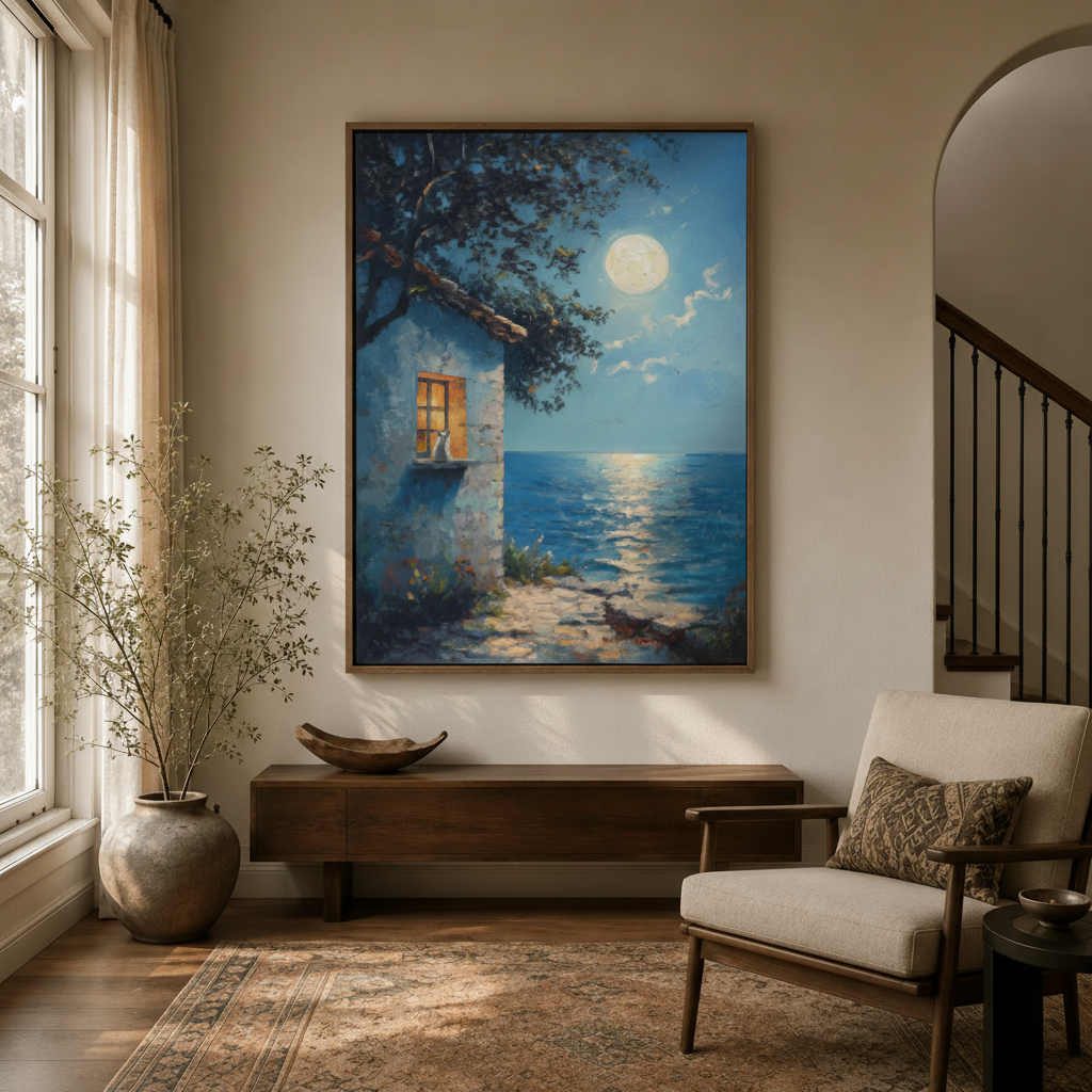Romantic coastal night cat canvas hung above console in entryway with Persian rug and arched doorway