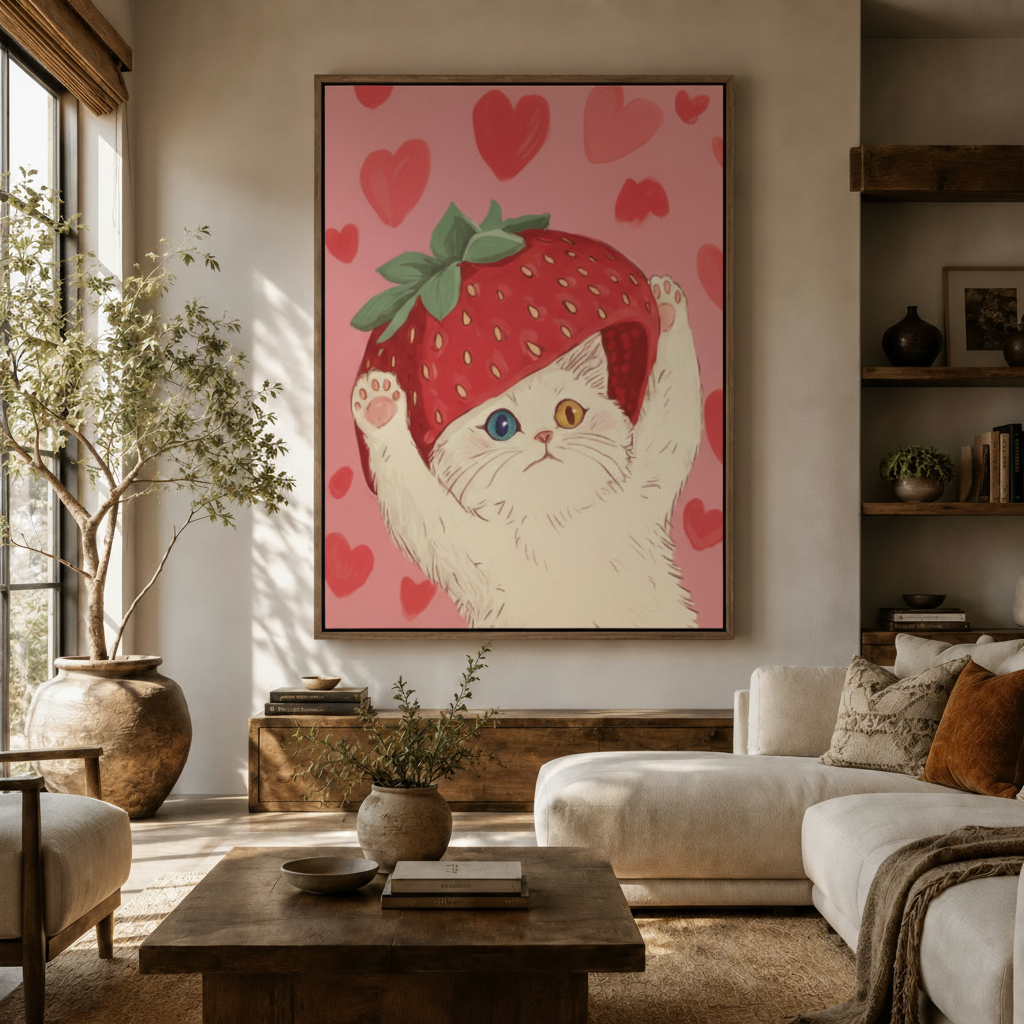 Strawberry cat kawaii canvas wall art in dark walnut float frame above sideboard in bright modern living room with olive tree