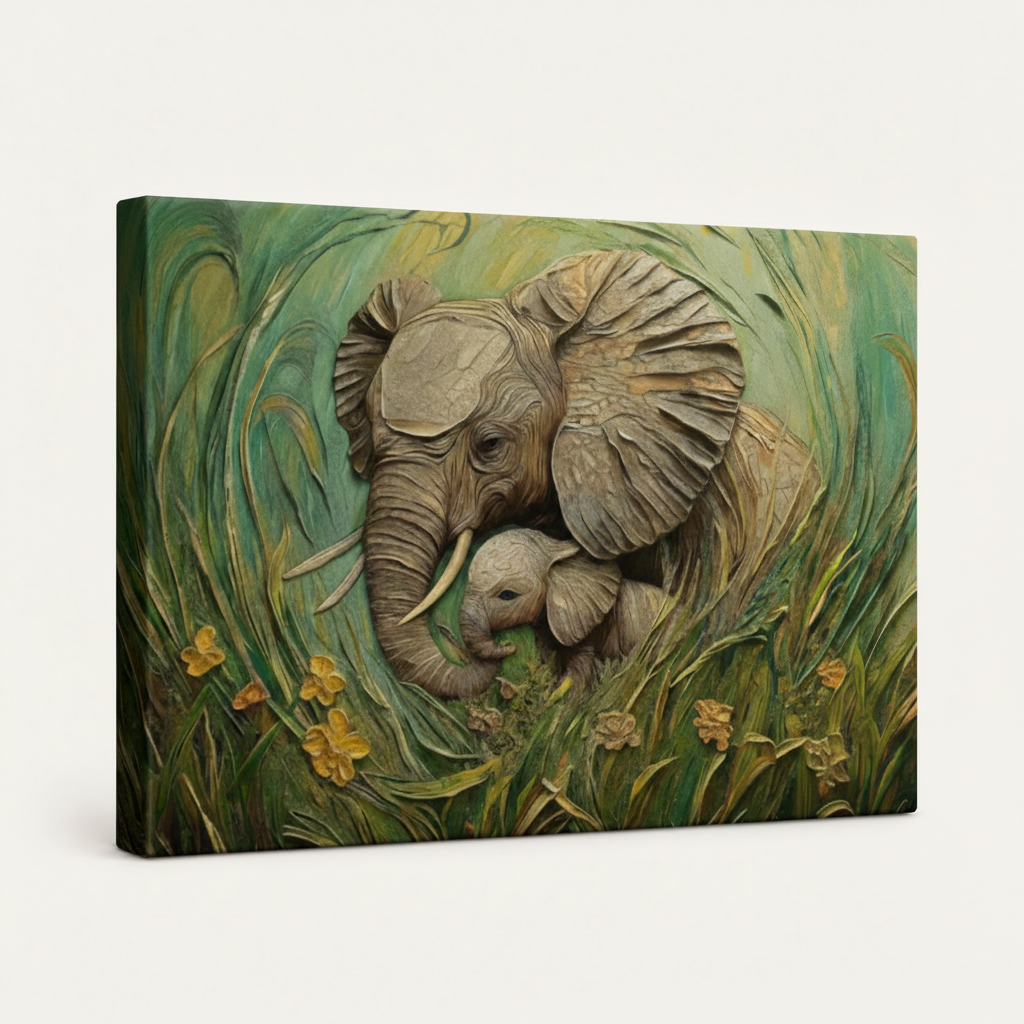Gallery-wrapped canvas of elephant impasto artwork with side wrap detail visible on off-white background