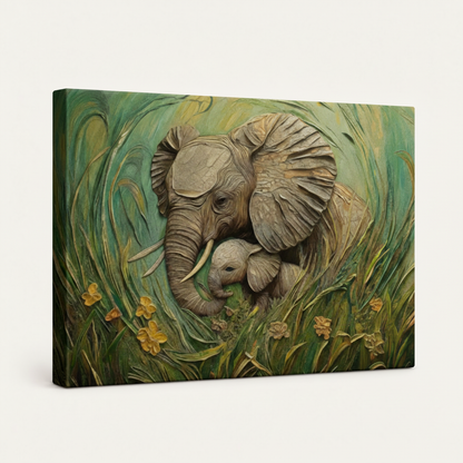 Gallery-wrapped canvas of elephant impasto artwork with side wrap detail visible on off-white background