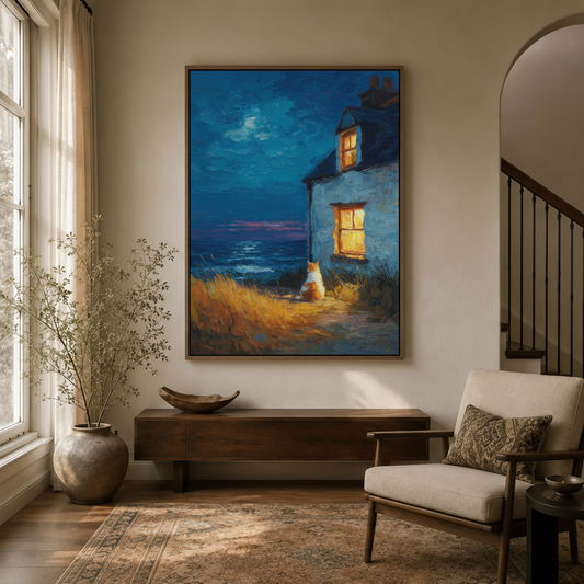 Cat and cottage moonlit sea canvas displayed above console in bright entryway with Persian rug