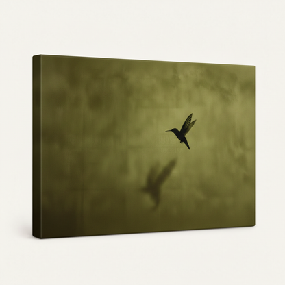 Gallery-wrapped canvas of dark moody hummingbird art, side angle showing canvas depth and texture