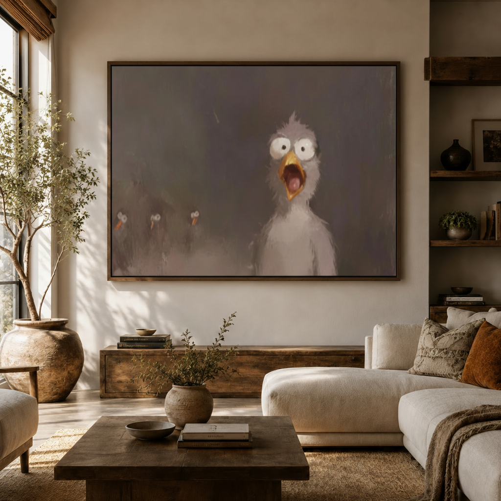 Wide-eyed screaming bird dark cinematic canvas wall art above console in bright Japandi living room