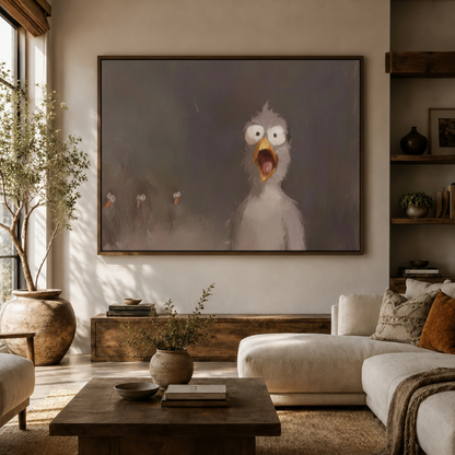 Wide-eyed screaming bird dark cinematic canvas wall art above console in bright Japandi living room